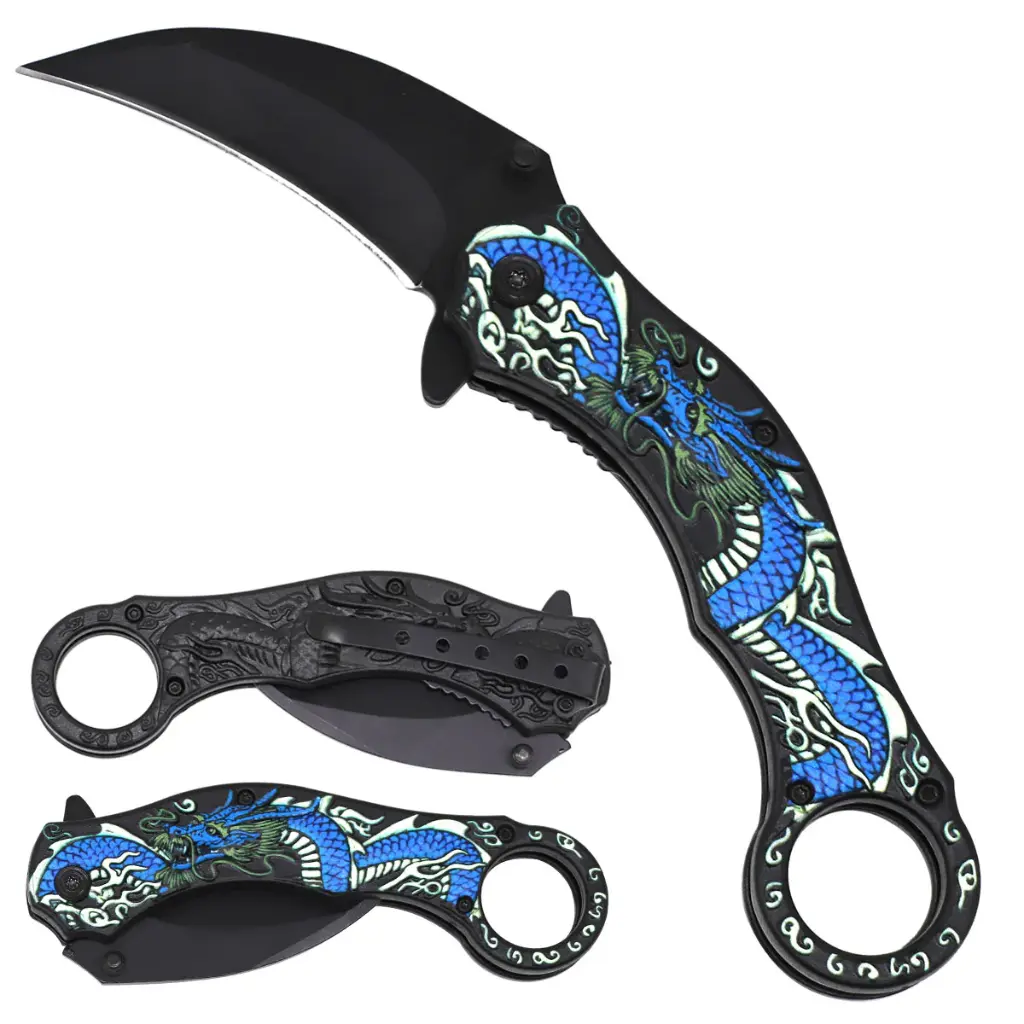 4.5" Black Blade Blue Dragon Handle Assist-Open Karambit Folding Knife
