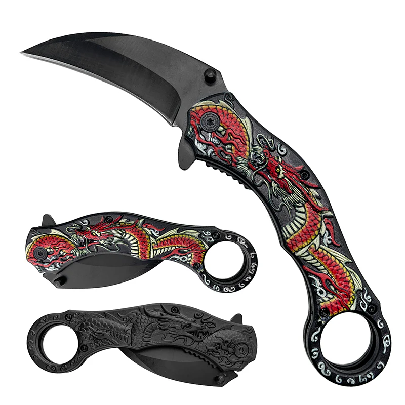 4.5" Black Blade Red Dragon Handle Assist-Open Karambit Folding Knife