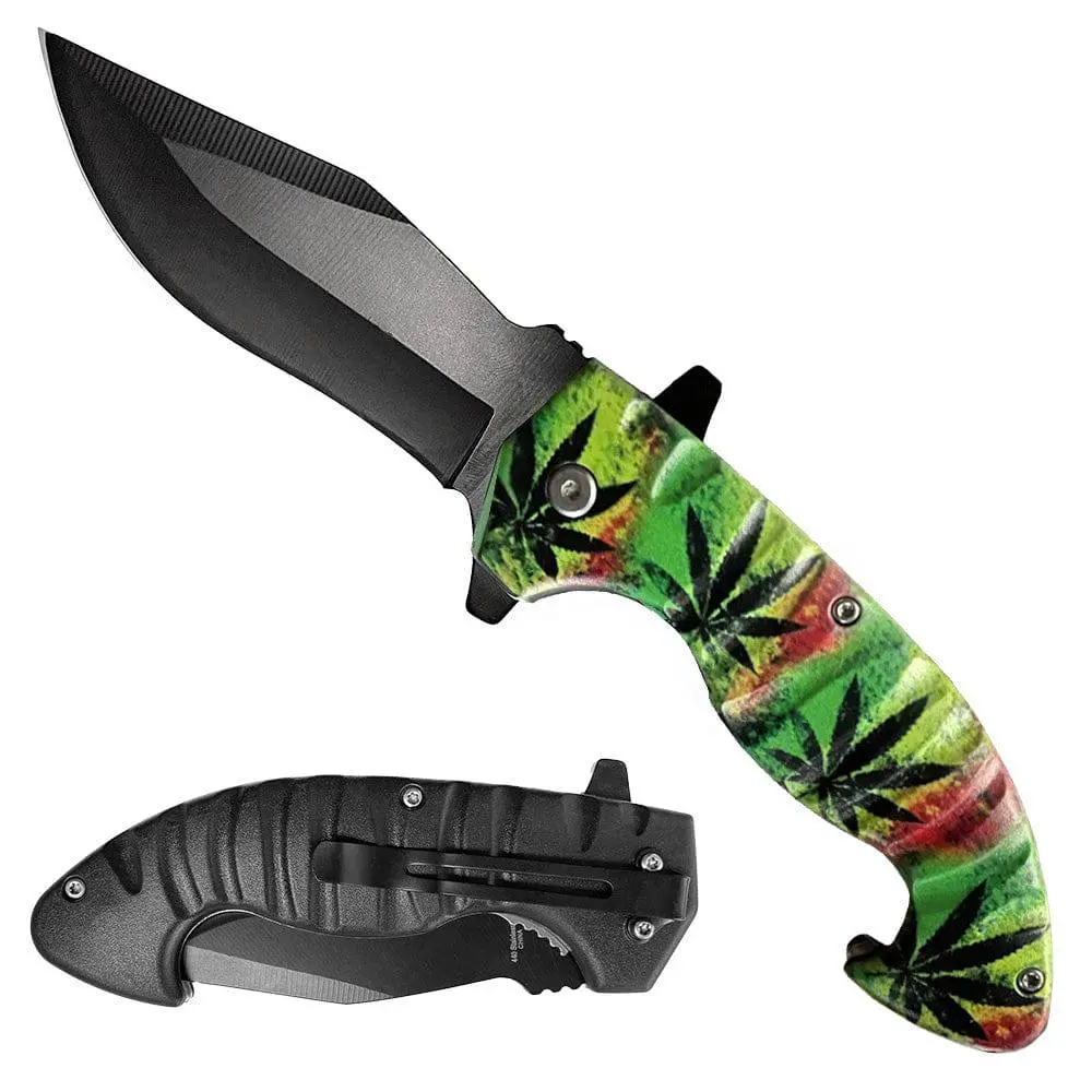 5" Marijuana Assist-Open Curved Folding Knife with Belt Clip