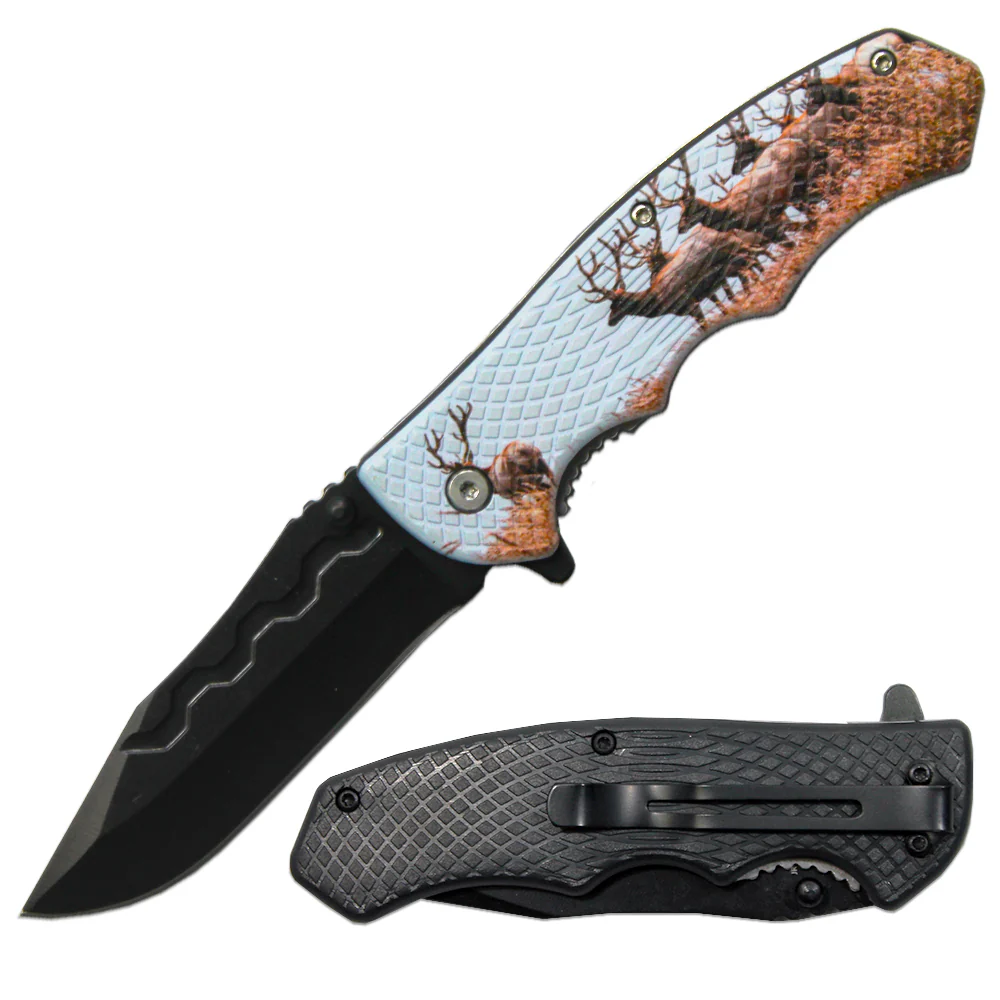 4.5" Textured Deer Handle Assist-Open Folding Knife with Belt Clip
