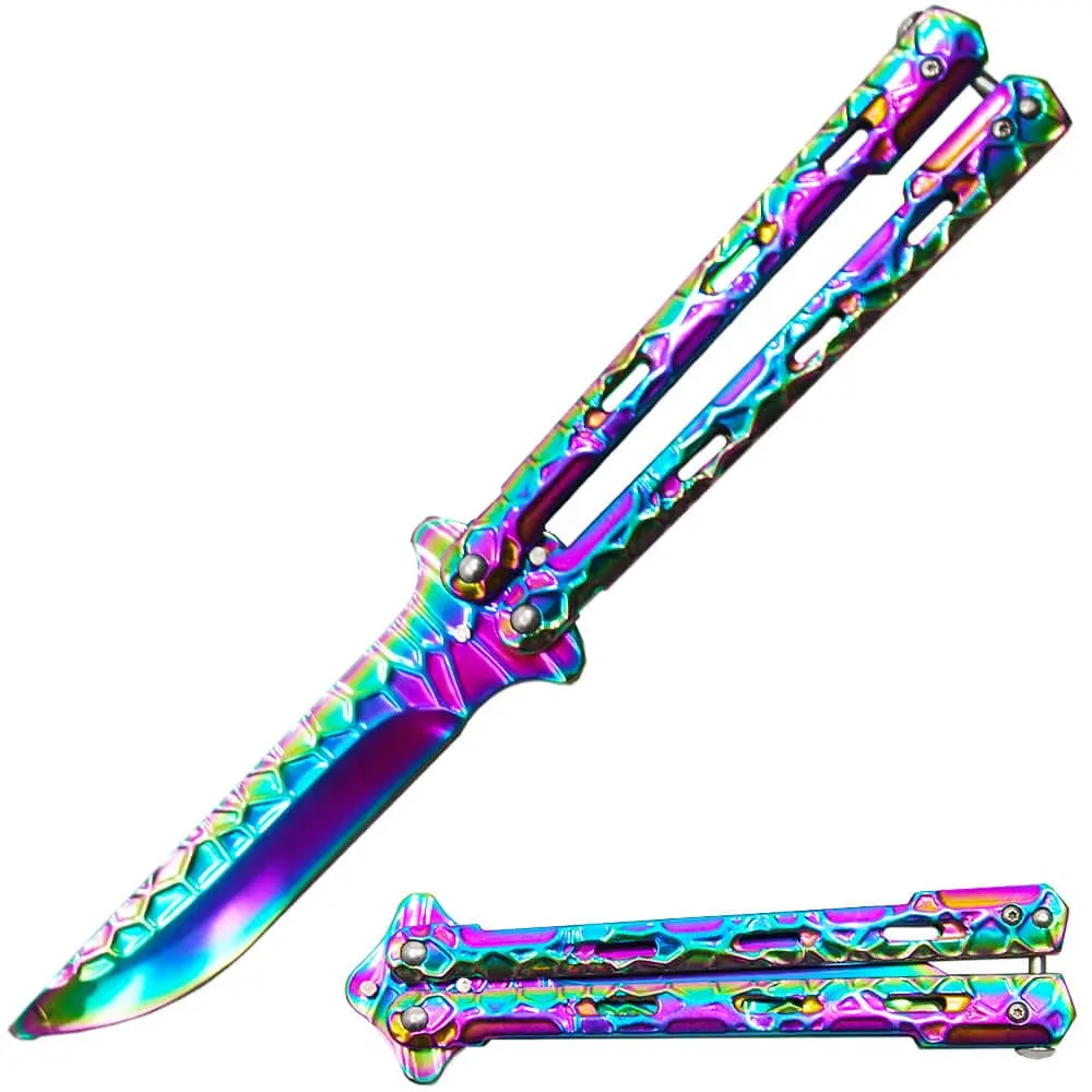 5" Rainbow Textured Metal Handle Dull Blade Butterfly Trainer