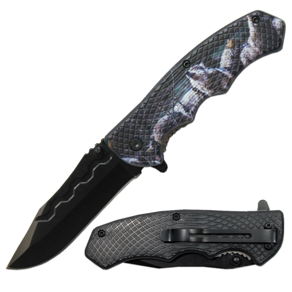 4.5" Textured Wolf Handle Assist-Open Folding Knife with Belt Clip