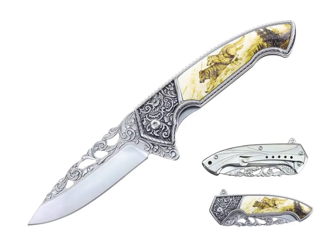 5" Wolf Etched Design Assist-Open Folding Knife