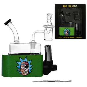 Unbranded Glass Rick & Morty Rig In One-Dab Rig Kit - with Quartz Banger, Carb Cap, Torch, Dabbing Tool (6113) 6.5" Green