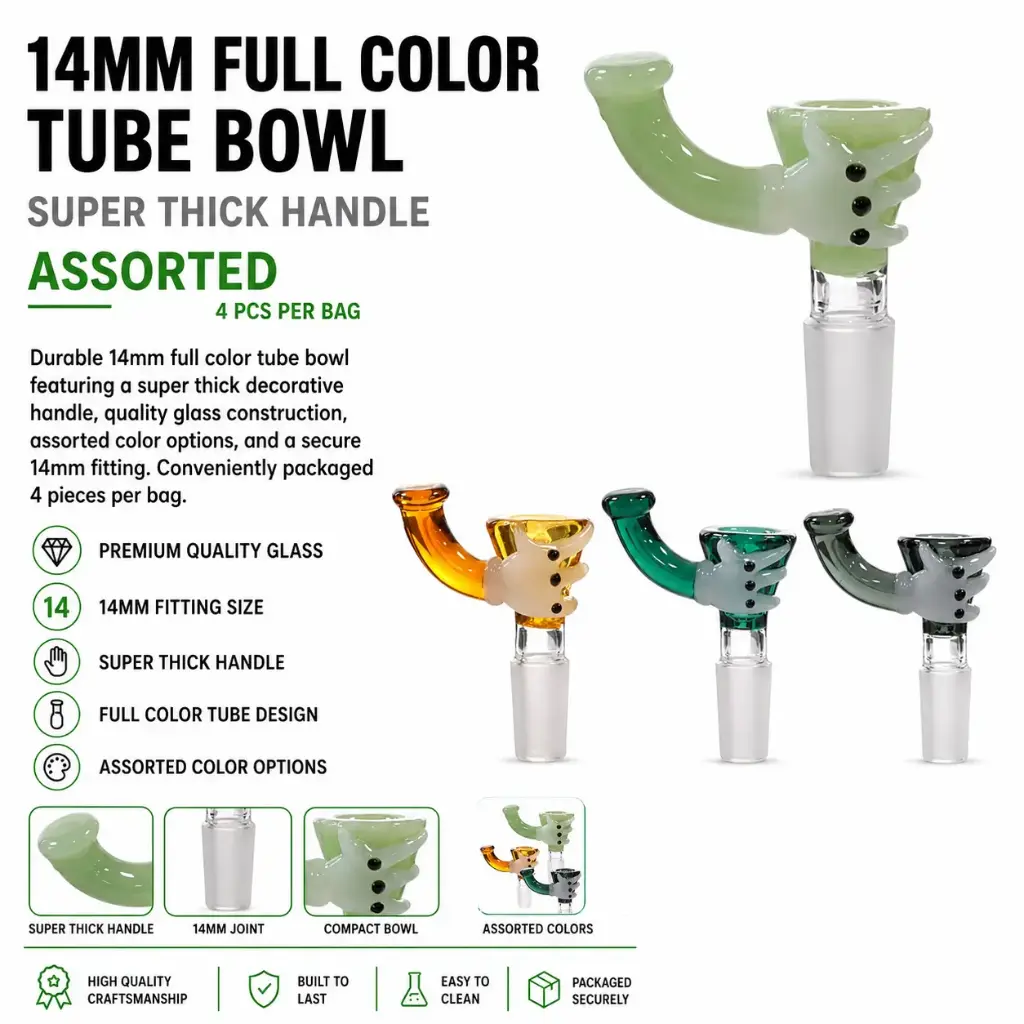 14mm full color tube bowl with super thick handle assorted color 4pcs per bag