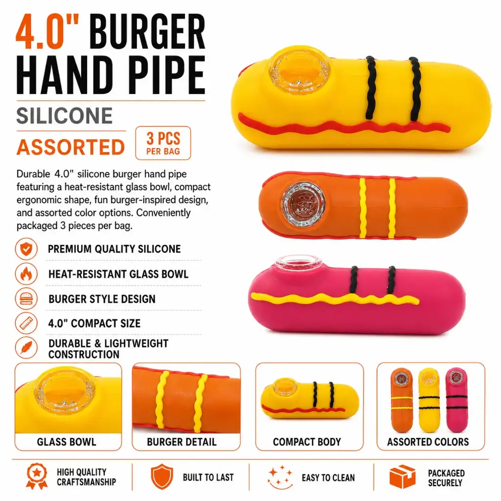Silicon burger hand pipe assorted color 3pcs per bag