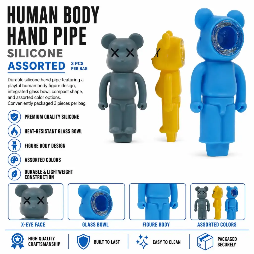 Silicon human body hand pipe assorted color 3pcs per bag