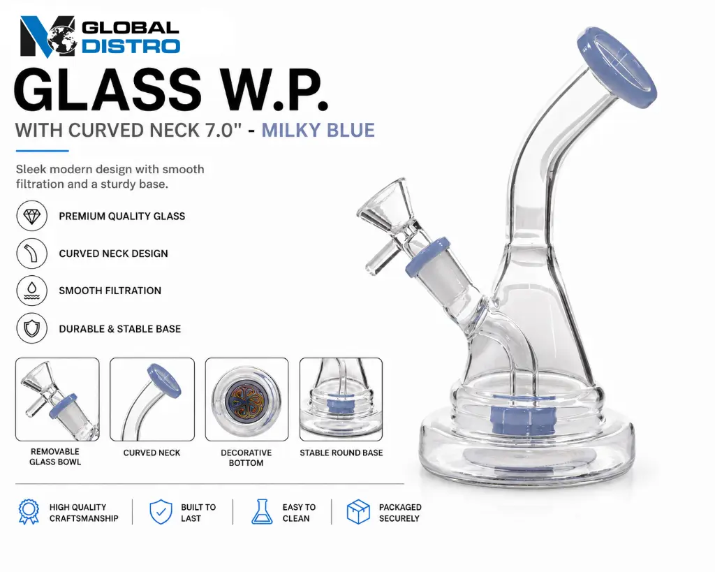 Glass W.P. with Curved Neck 7.0" - Milky Blue