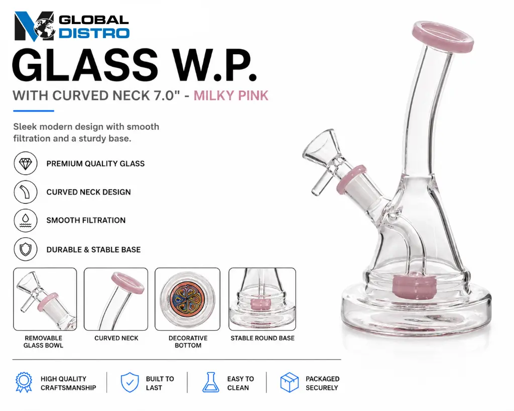Glass W.P. with Curved Neck 7.0" - Milky Pink