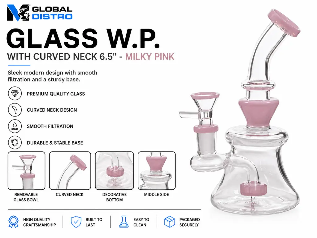 Glass W.P. with Curved Neck 6.5" - Milky Pink