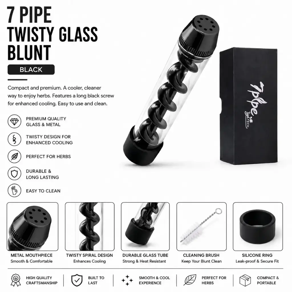 7 Pipe Twisty Glass Blunt Pipe - Black