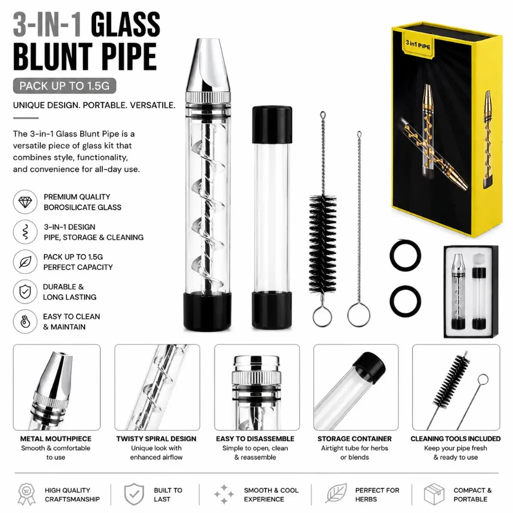 3 in 1 Twisty Glass Blunt Pipe - Silver
