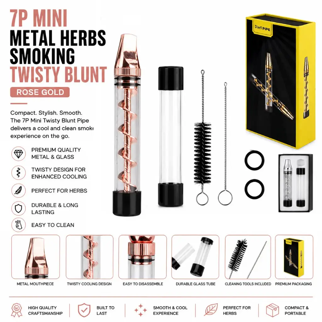 3 in 1 Twisty Glass Blunt Pipe - Rose Gold