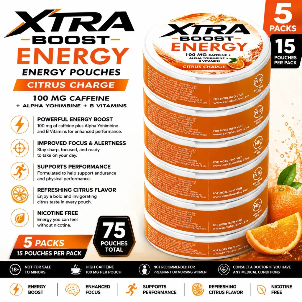 Xtra Boost Energy Pouches (100 mg Caffeine) 15 pouches per pack | 5 packs - Citrus Charge 