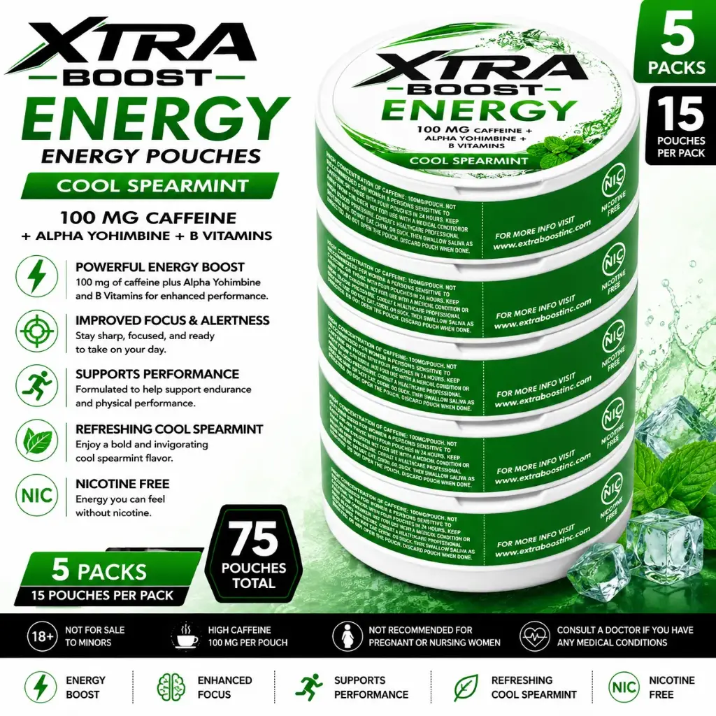 Xtra Boost Energy Pouches (100 mg Caffeine) 15 pouches per pack | 5 packs - Cool Spermint