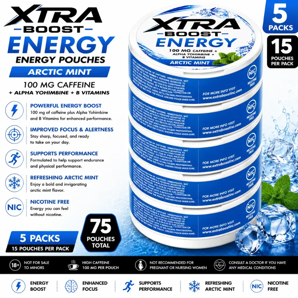 Xtra Boost Energy Pouches (100 mg Caffeine) 15 pouches per pack | 5 packs - Arctic Mint