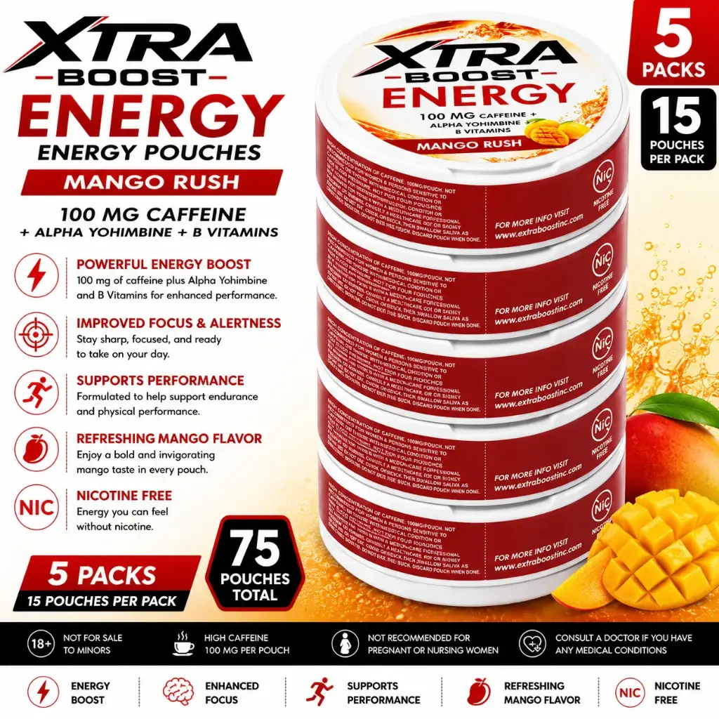 Xtra Boost Energy Pouches (100 mg Caffeine) 15 pouches per pack | 5 packs - Mango Rush
