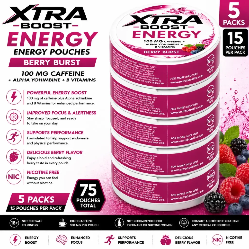 Xtra Boost Energy Pouches (100 mg Caffeine) 15 pouches per pack | 5 packs - Berry Burst