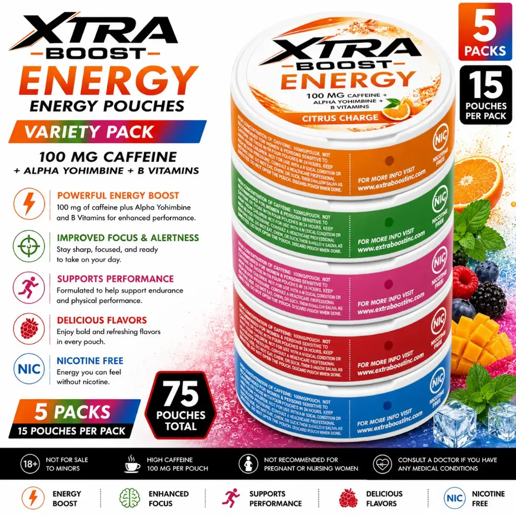 Xtra Boost Energy Pouches (100 mg Caffeine) 15 pouches per pack | 5 packs - Variety Pack