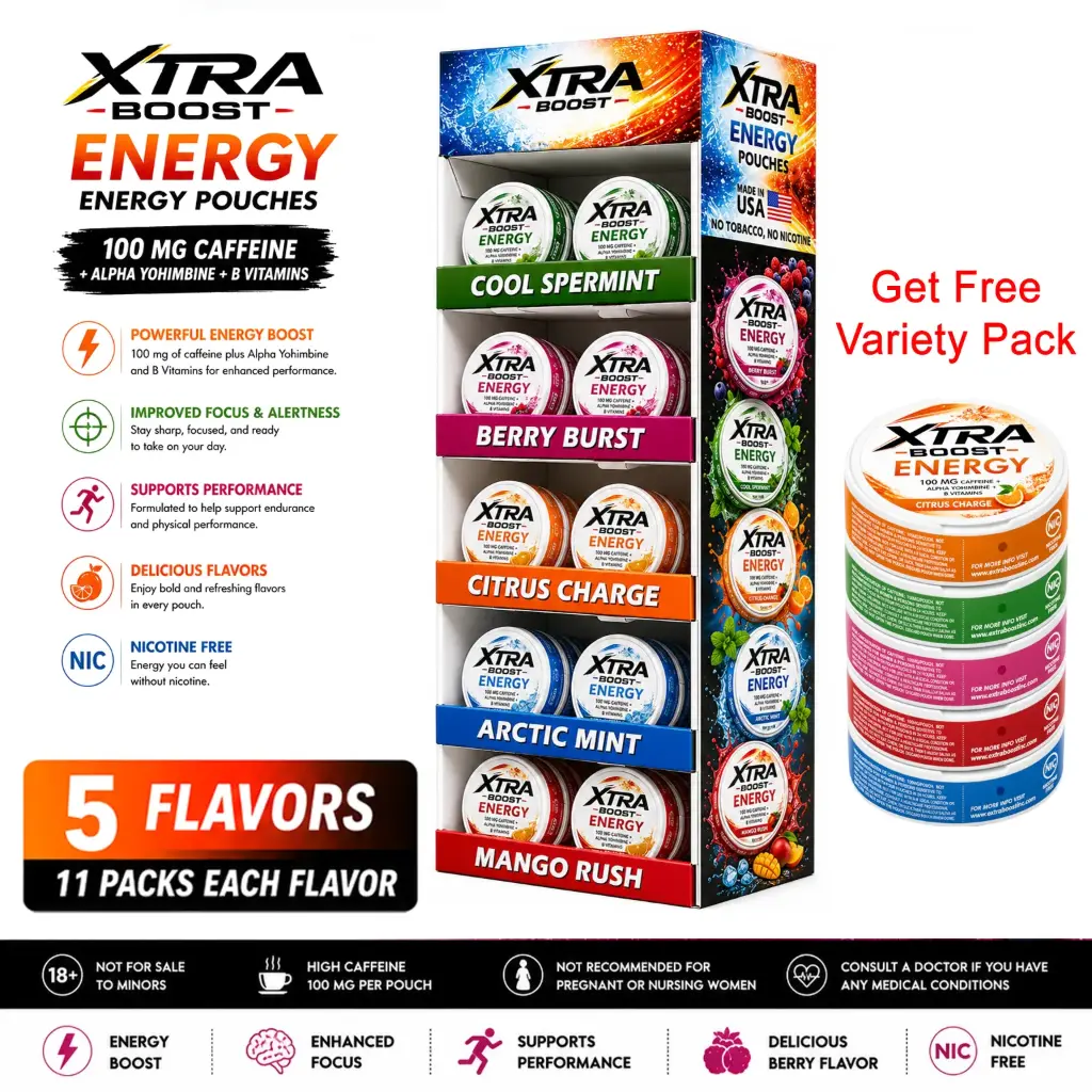 Xtra Boost Energy Pouches (100 mg Caffeine) 11 packs of each flavor | 55 packs - Display Set