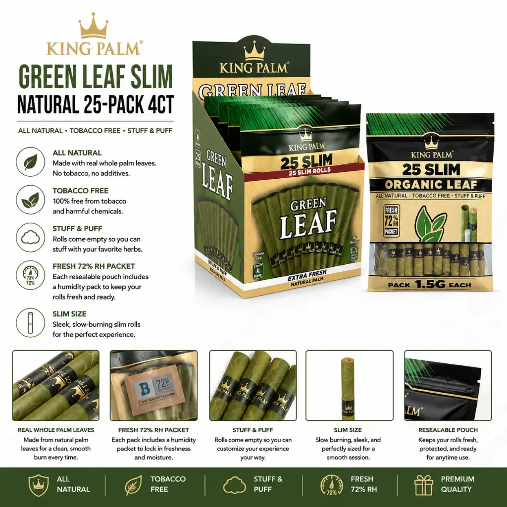KING PALM Green Leaf Slim Natural 25-Pack 4ct