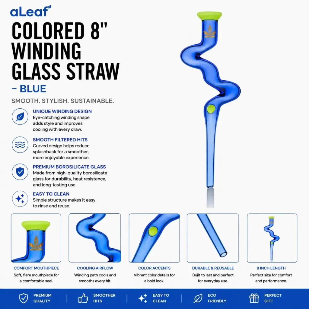 aLeaf COLORED 8" WINDING GLASS STRAW BLUE