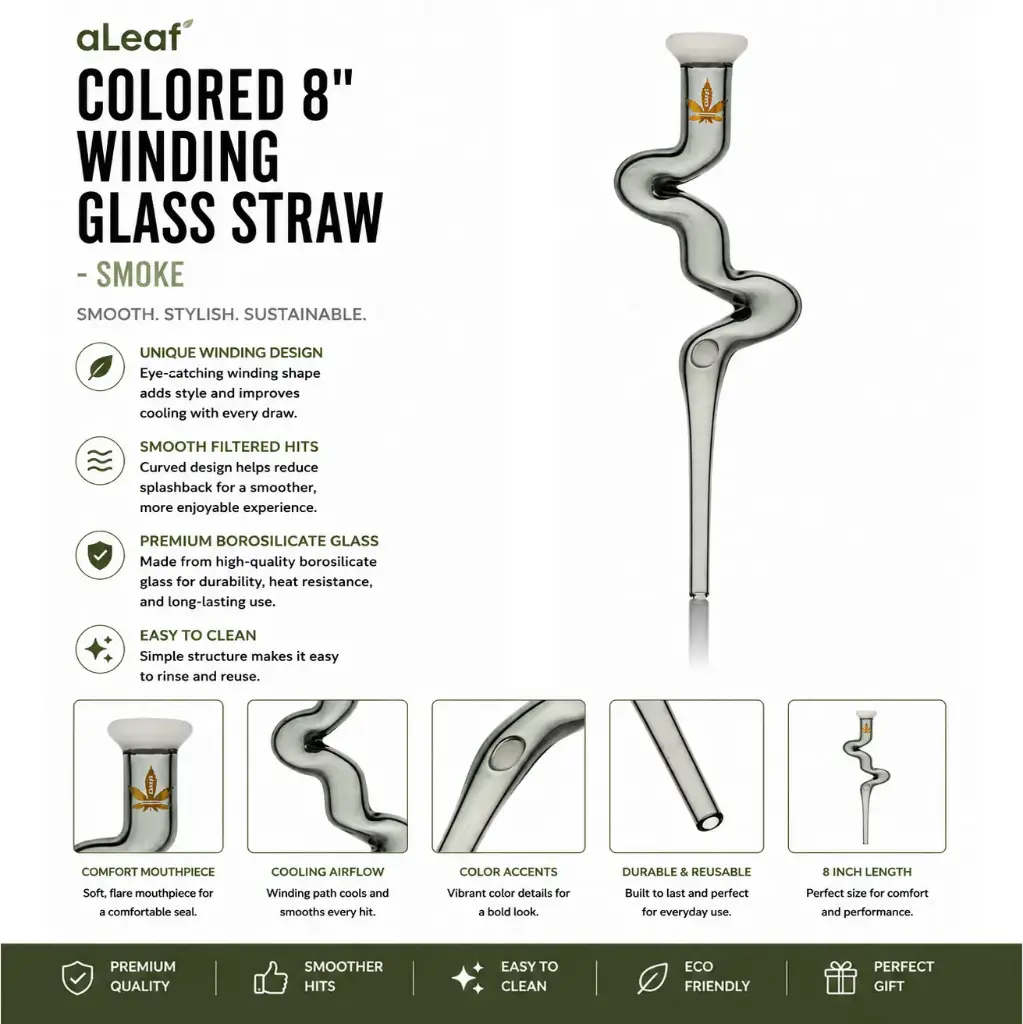 aLeaf COLORED 8" WINDING GLASS STRAW SMOKE 