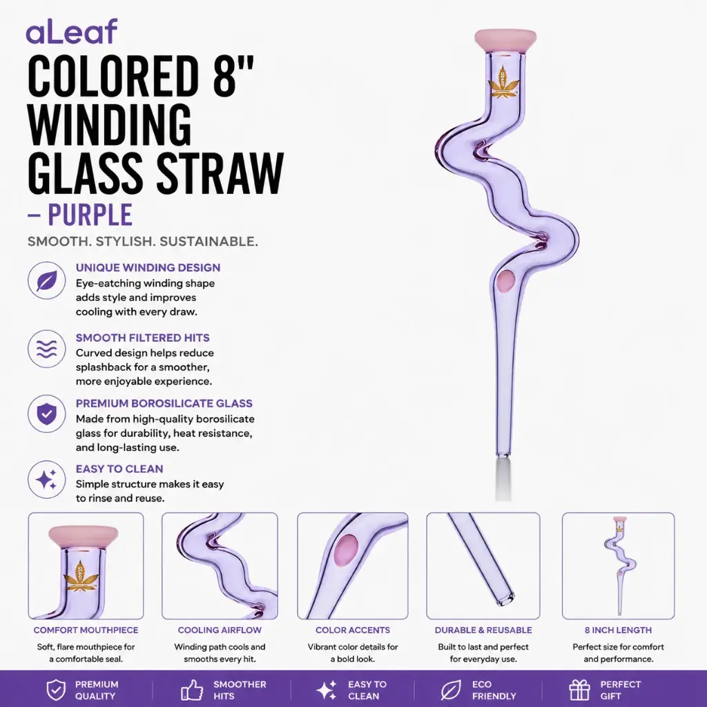 aLeaf COLORED 8" WINDING GLASS STRAW PURLPLE