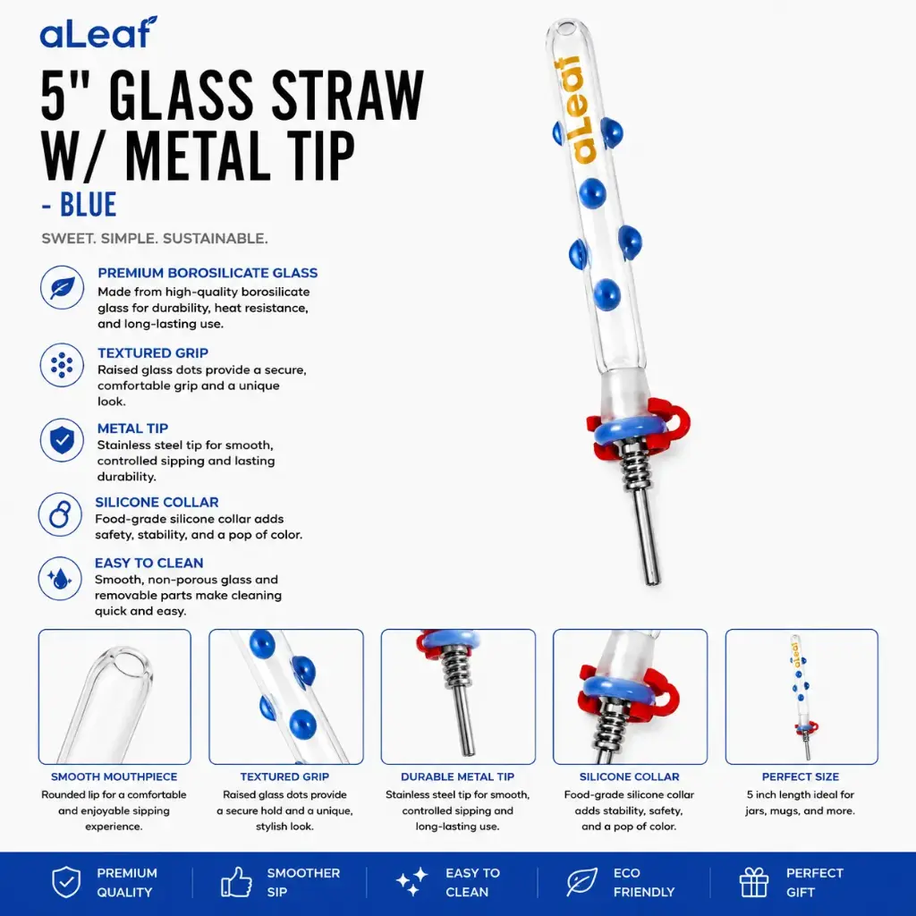 aLeaf 5" GLASS STRAW W/ METAL TIP BLUE