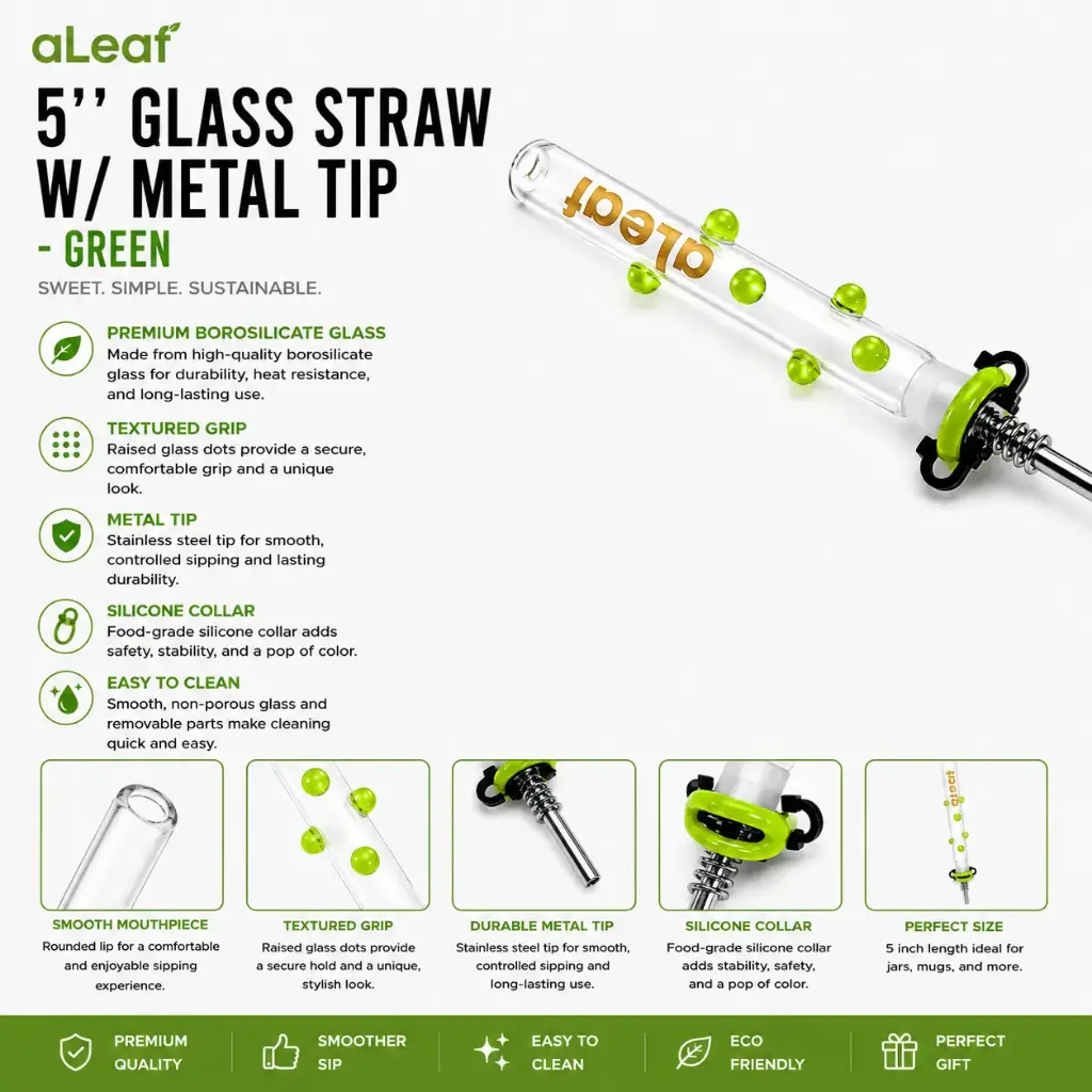 aLeaf 5" GLASS STRAW W/ METAL TIP GREEN