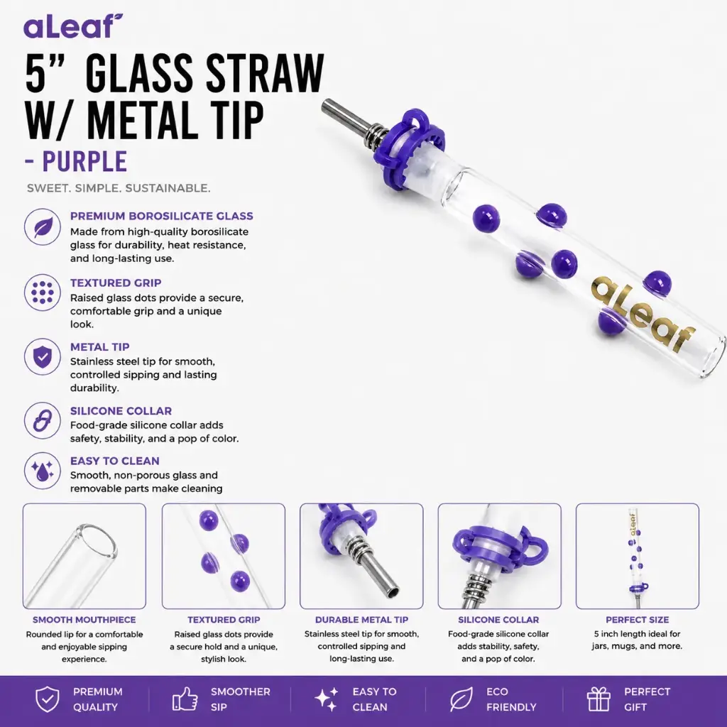 aLeaf 5" GLASS STRAW W/ METAL TIP PURPLE