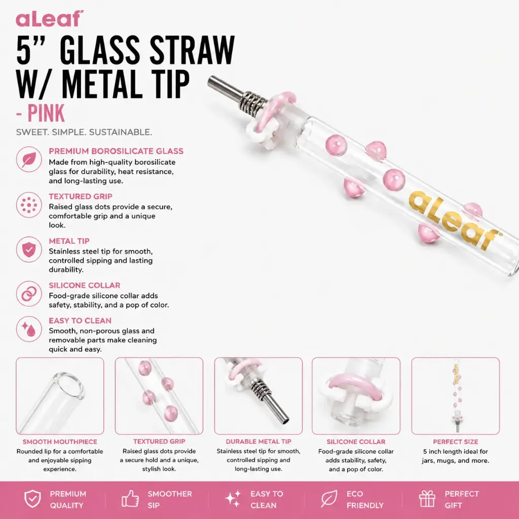aLeaf 5" GLASS STRAW W/ METAL TIP PINK