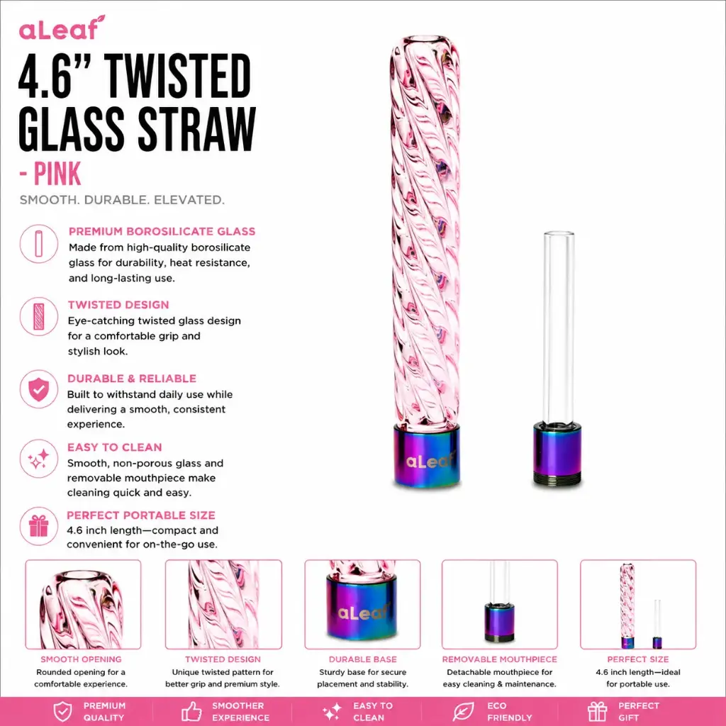 aLeaf 4.6" TWISTED GLASS STRAW PINK