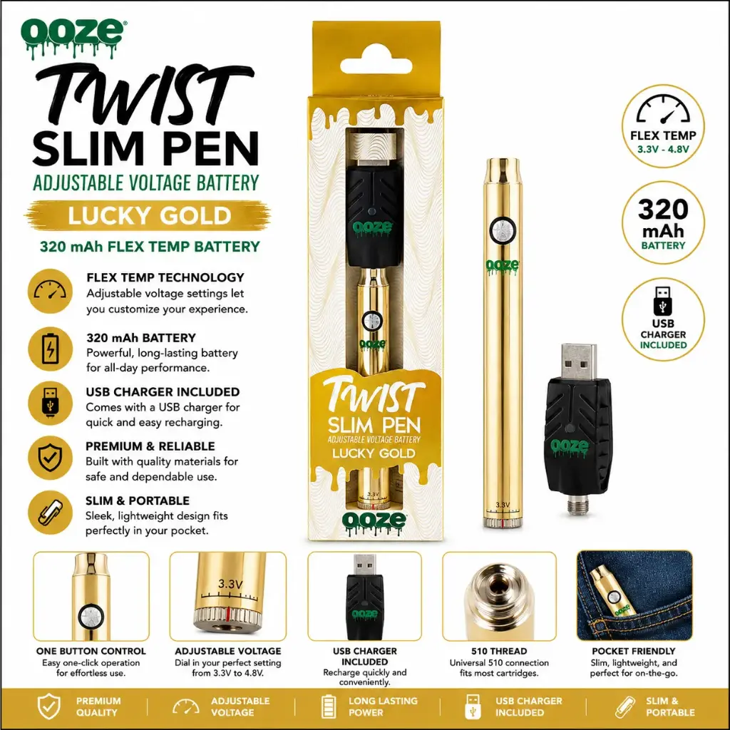 Ooze Twist Slim Pen – 320 mAh Flex - Lucky Gold