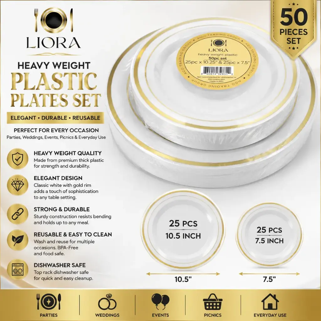 Liora Heavy Weight Plastic Plates Set 1 (25 pcs 10.5" & 25 pcs 7.5")