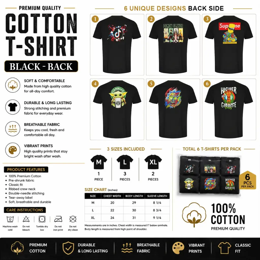 Cotton Unique T-shirt / Black Back Set-A (1 x M, 3 x L, 2 x XL - 6 per pack) 6 design and 3 sizes
