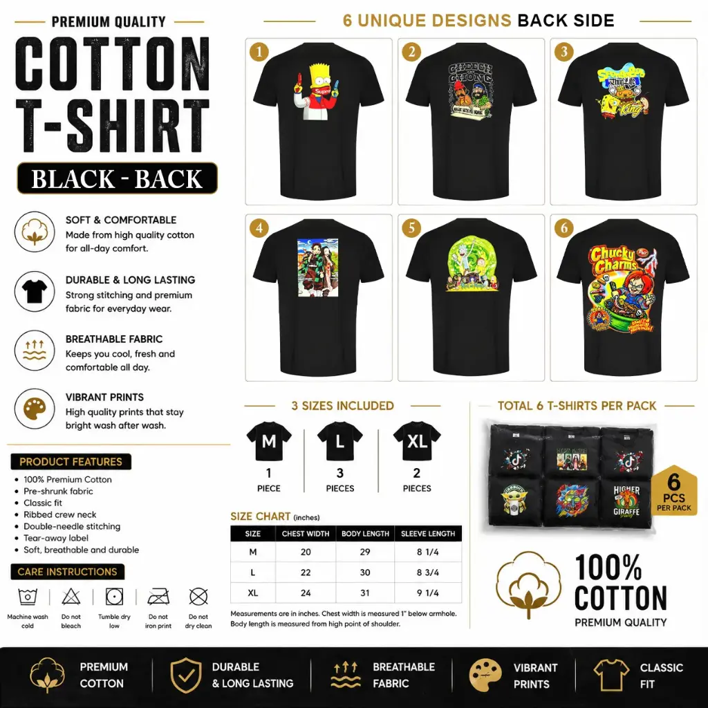 Cotton Unique T-shirt / Black Back Set-B (1 x M, 3 x L, 2 x XL - 6 per pack) 6 design and 3 sizes