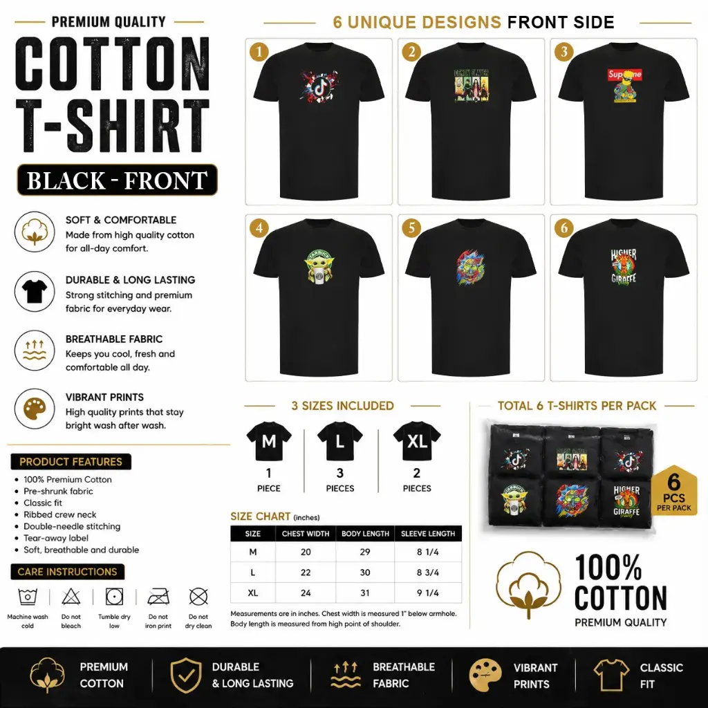 Cotton Unique T-shirt / Black Front Set-C (1 x M, 3 x L, 2 x XL - 6 per pack) 6 design and 3 sizes