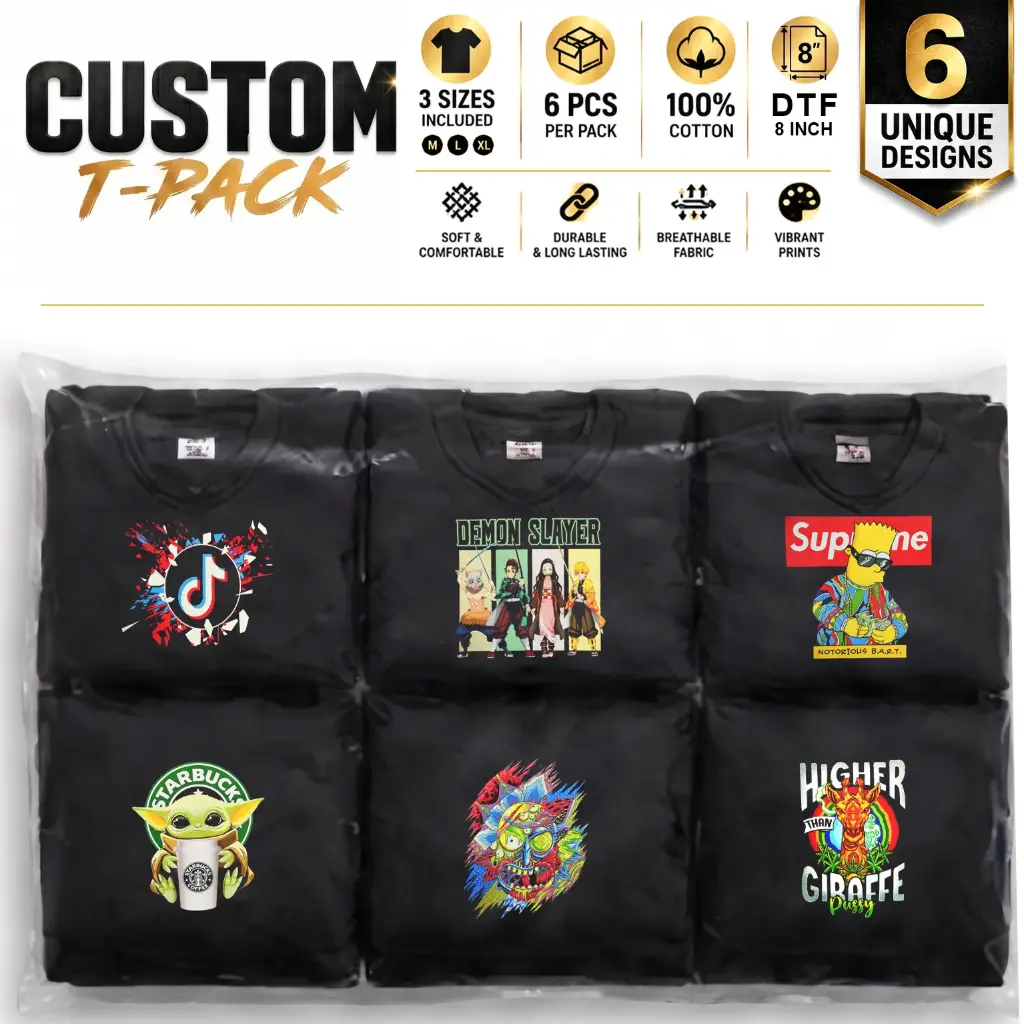 Custom T-Pack | 6-Pack | 8" DTF Prints | M/L/XL Mix