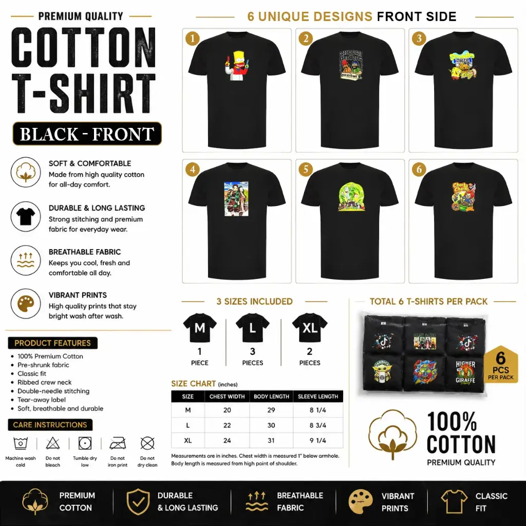 Cotton Unique T-shirt / Black Front Set-D (1 x M, 3 x L, 2 x XL - 6 per pack) 6 design and 3 sizes