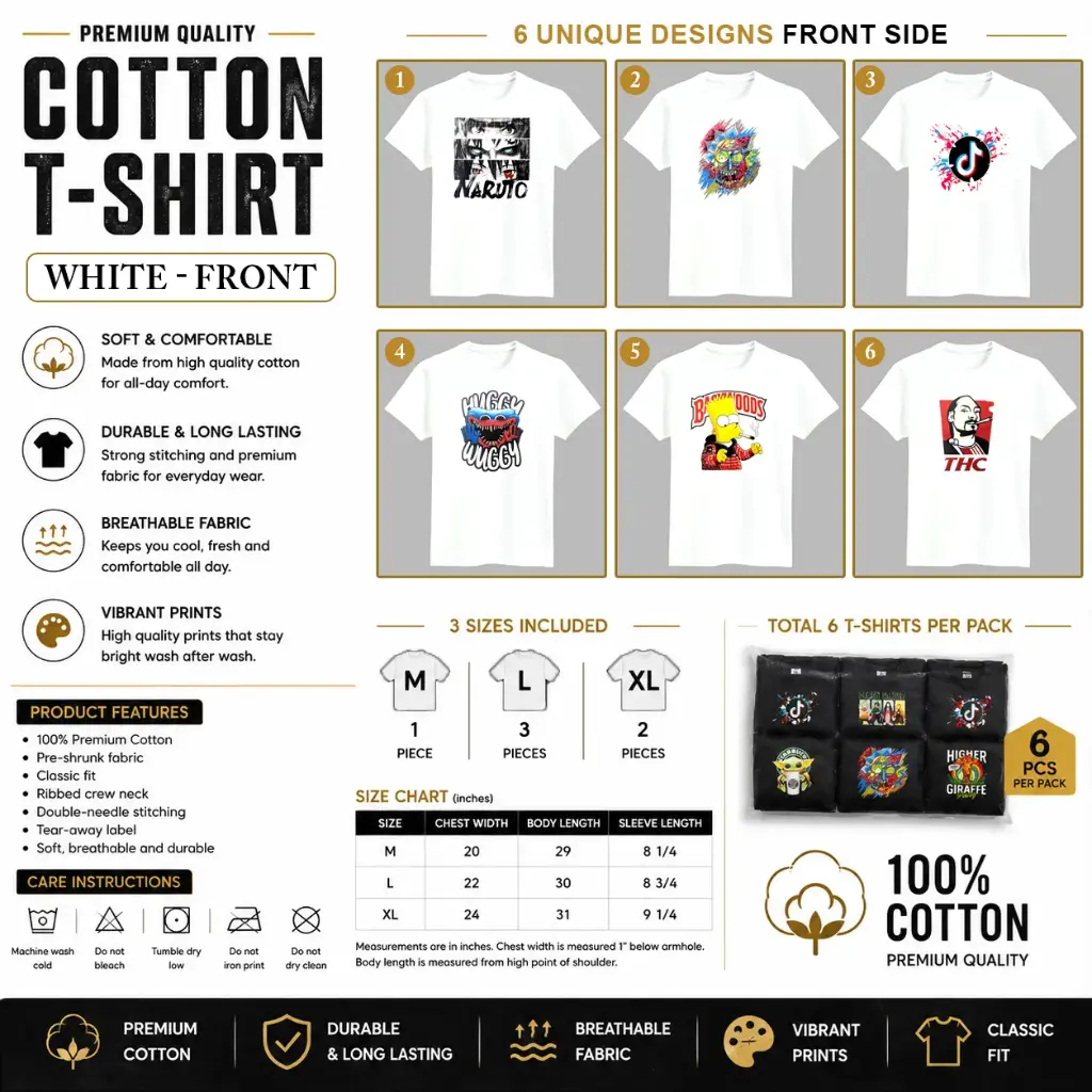 Cotton Unique T-shirt / White Back Set-E (1 x M, 3 x L, 2 x XL - 6 per pack) 6 design and 3 sizes