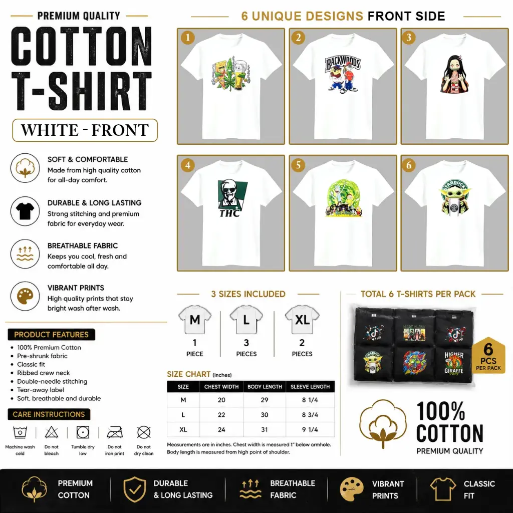 Cotton Unique T-shirt / White Back Set-F (1 x M, 3 x L, 2 x XL - 6 per pack) 6 design and 3 sizes