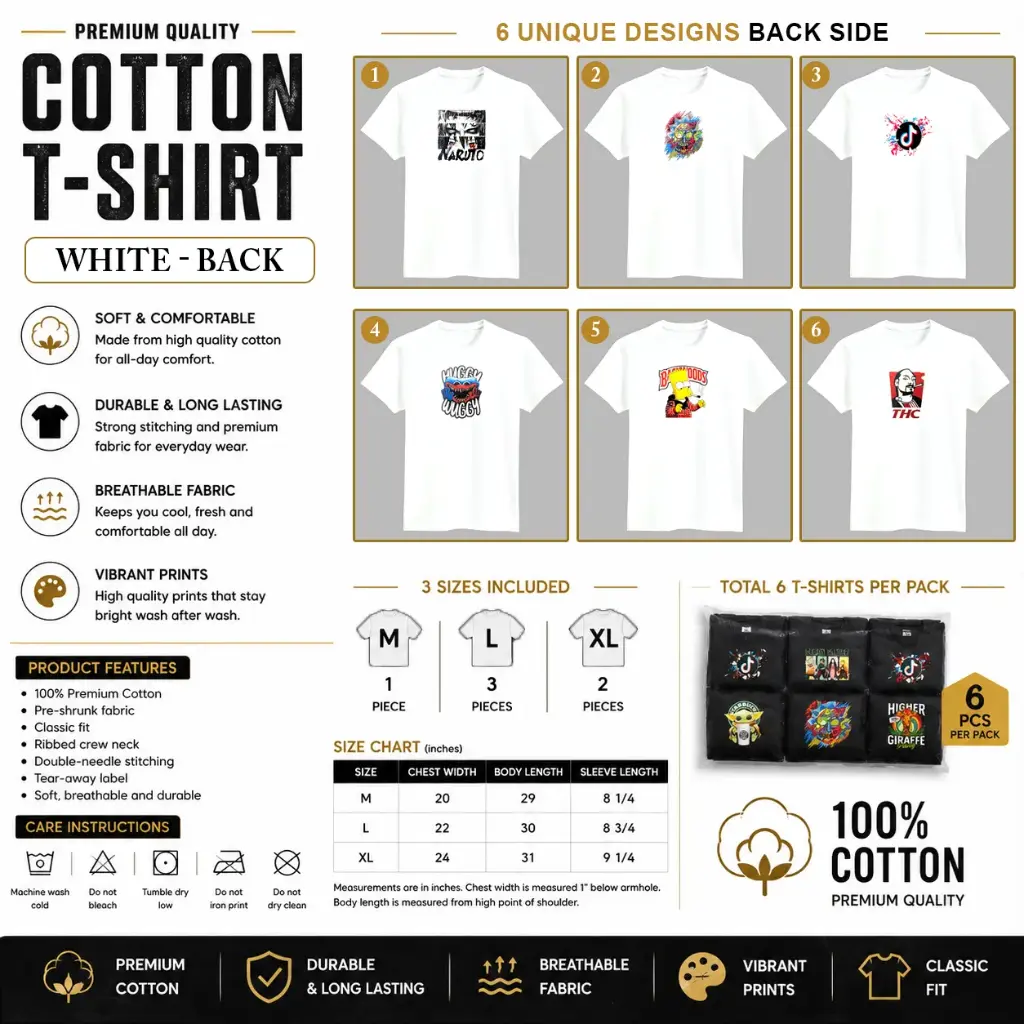 Cotton Unique T-shirt / White Front Set-G (1 x M, 3 x L, 2 x XL - 6 per pack) 6 design and 3 sizes