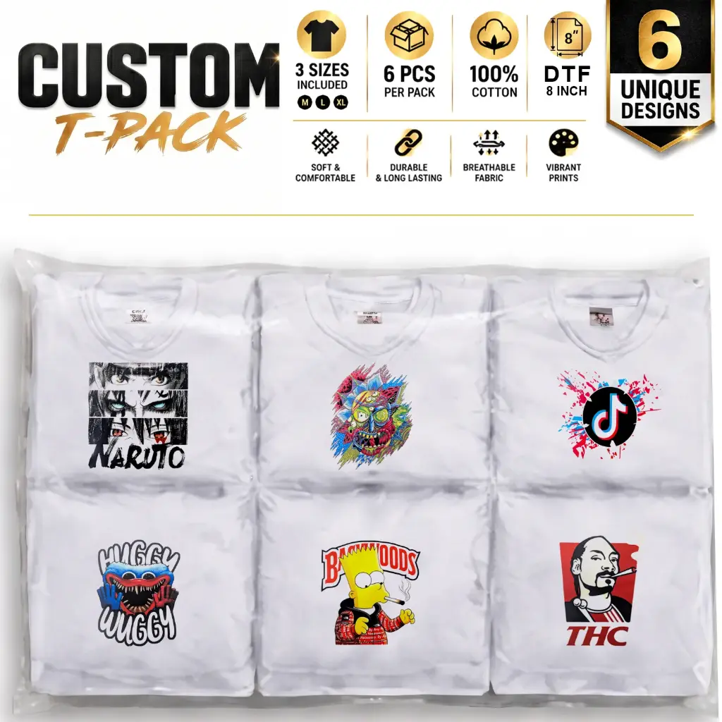 Custom T-Pack | 6-Pack | 8" DTF Prints | M/L/XL Mix