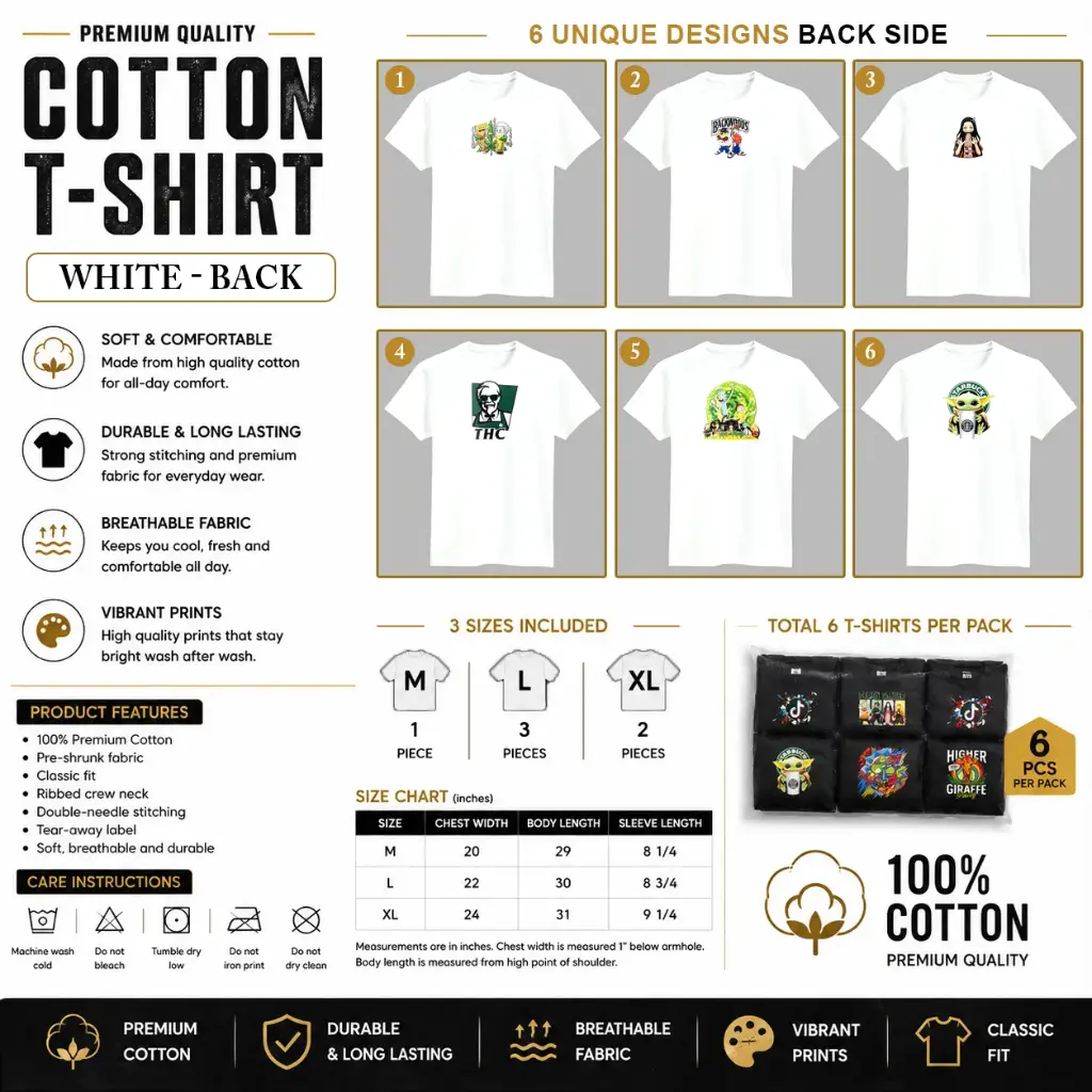 Cotton Unique T-shirt / White Front Set-H (1 x M, 3 x L, 2 x XL - 6 per pack) 6 design and 3 sizes