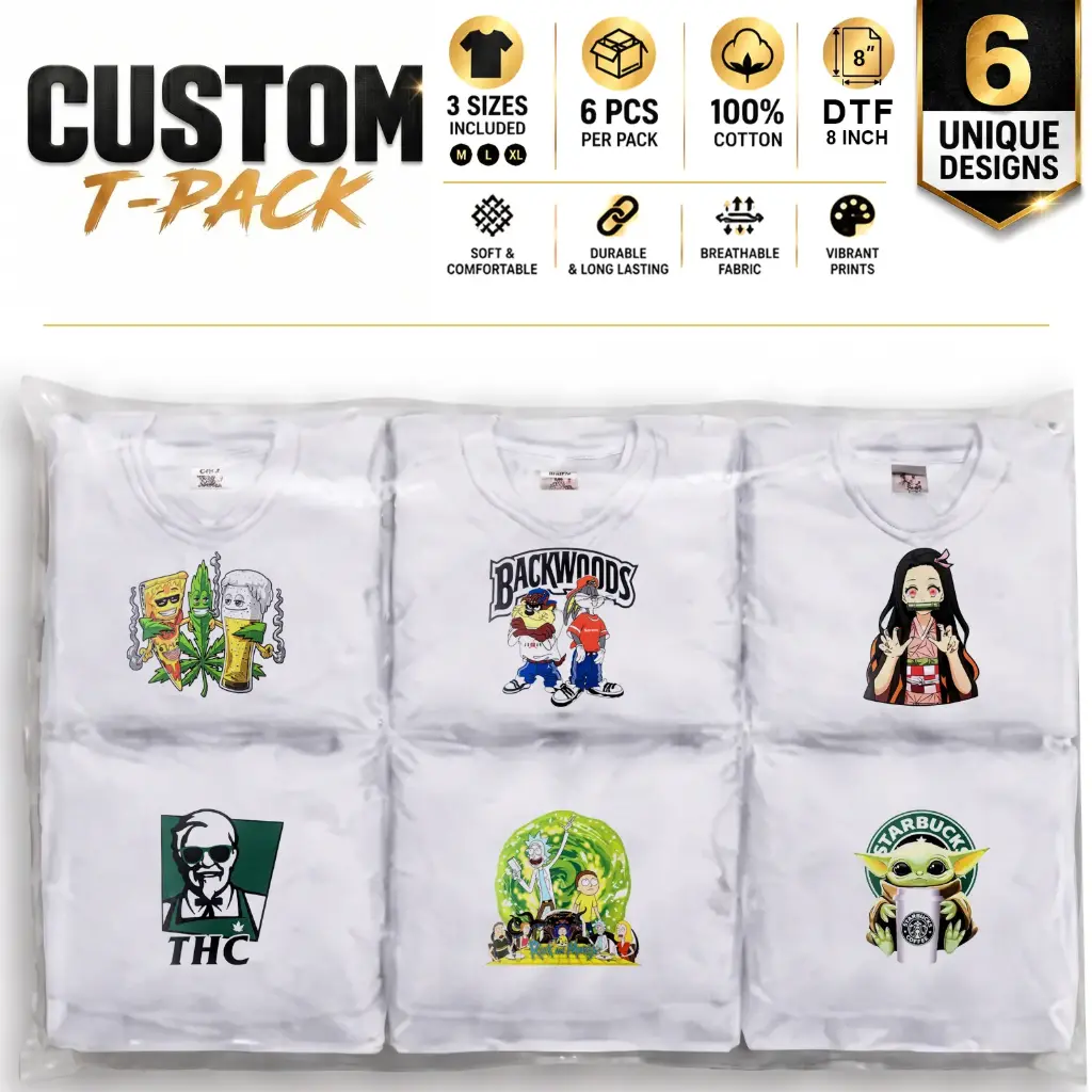 Custom T-Pack | 6-Pack | 8" DTF Prints | M/L/XL Mix