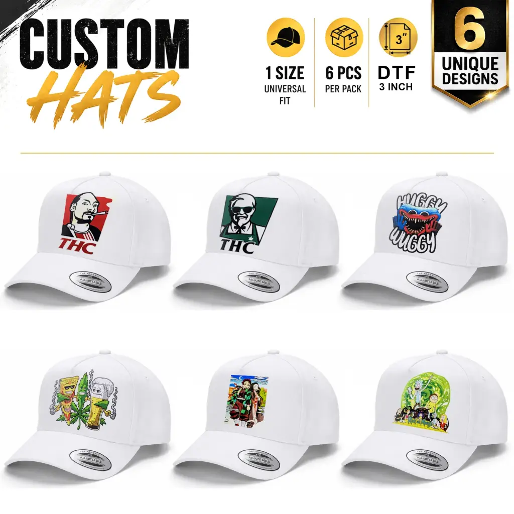Custom Hats Set-A | 3.0" DTF Prints |Universal Fit | White | 6-Pack