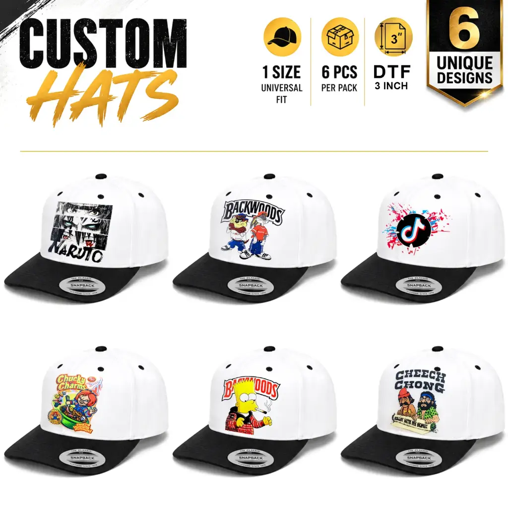 Custom Hats Set-B | 3.0" DTF Prints |Universal Fit | White/Black | 6-Pack