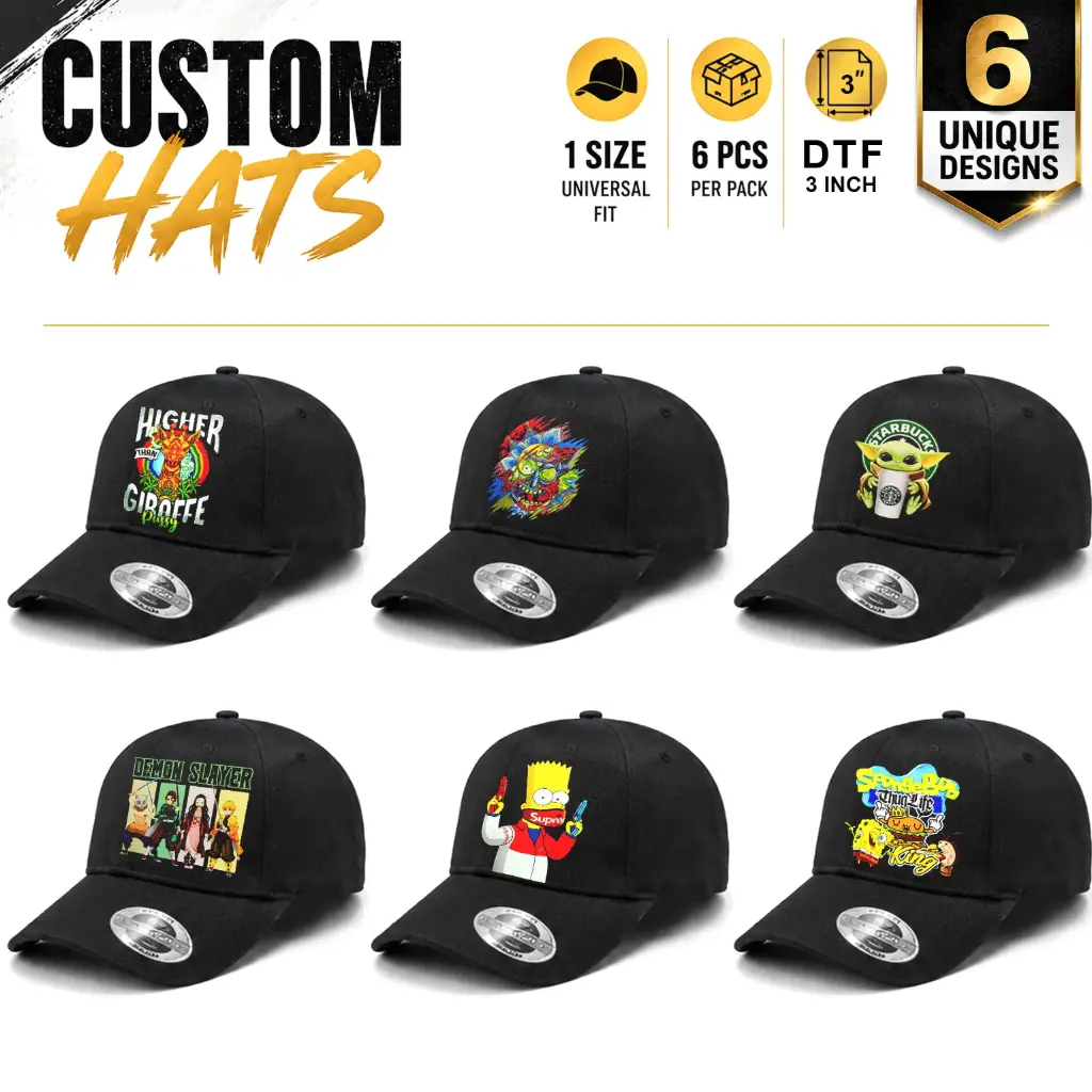 Custom Hats Set-C | 3.0" DTF Prints |Universal Fit | Black | 6-Pack