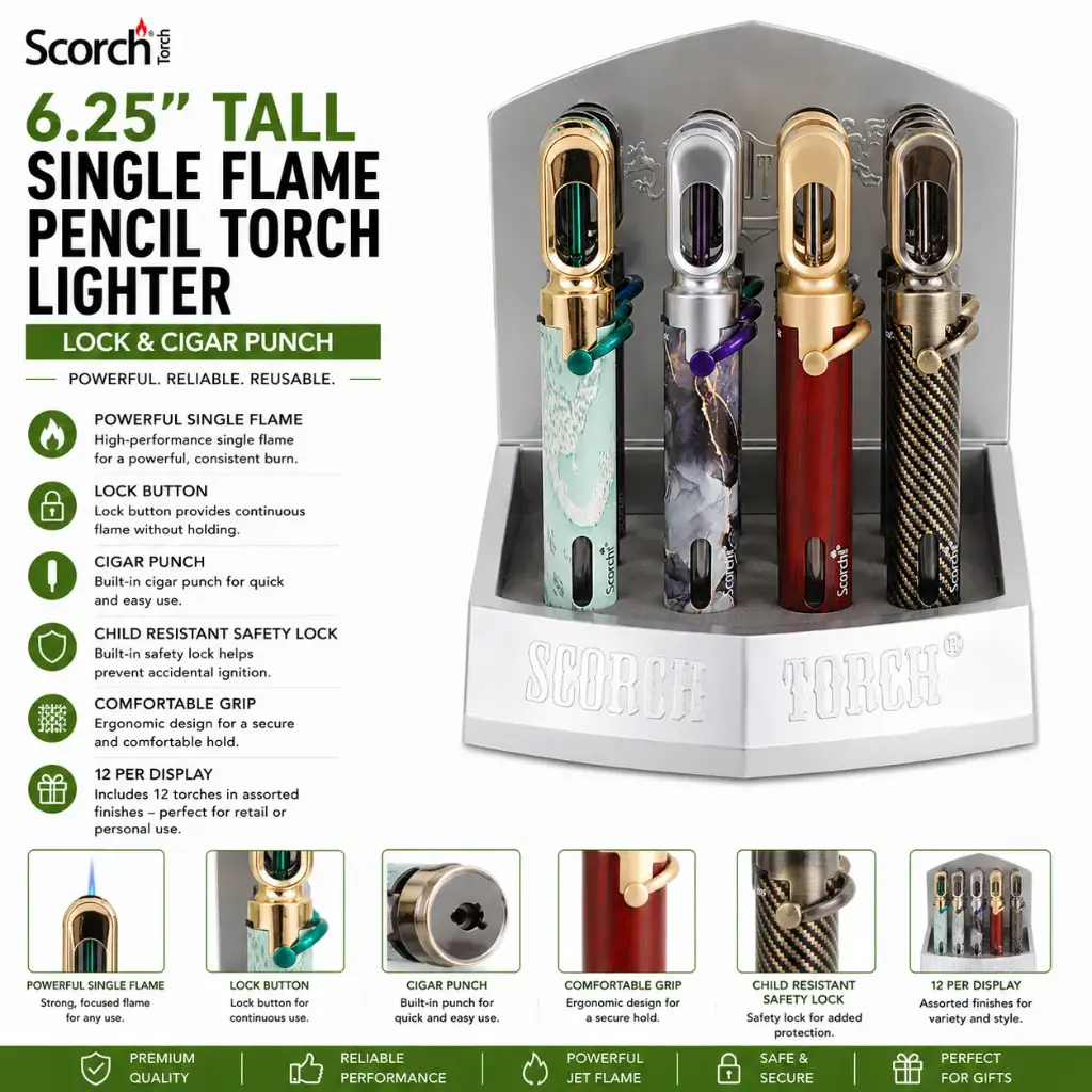 Scorch Torch 6.25" Tall Single Flame Pencil Torch w/ Lock & Cigar Punch 61872-1 - ( 12 per box)